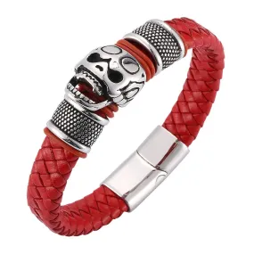 Red Braided Leather Stainless Steel Beaded Skull Bracelet