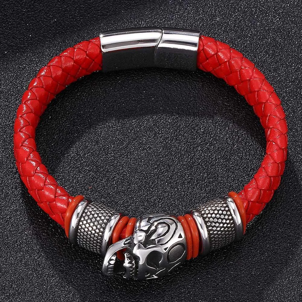 Red Braided Leather Stainless Steel Beaded Skull Bracelet