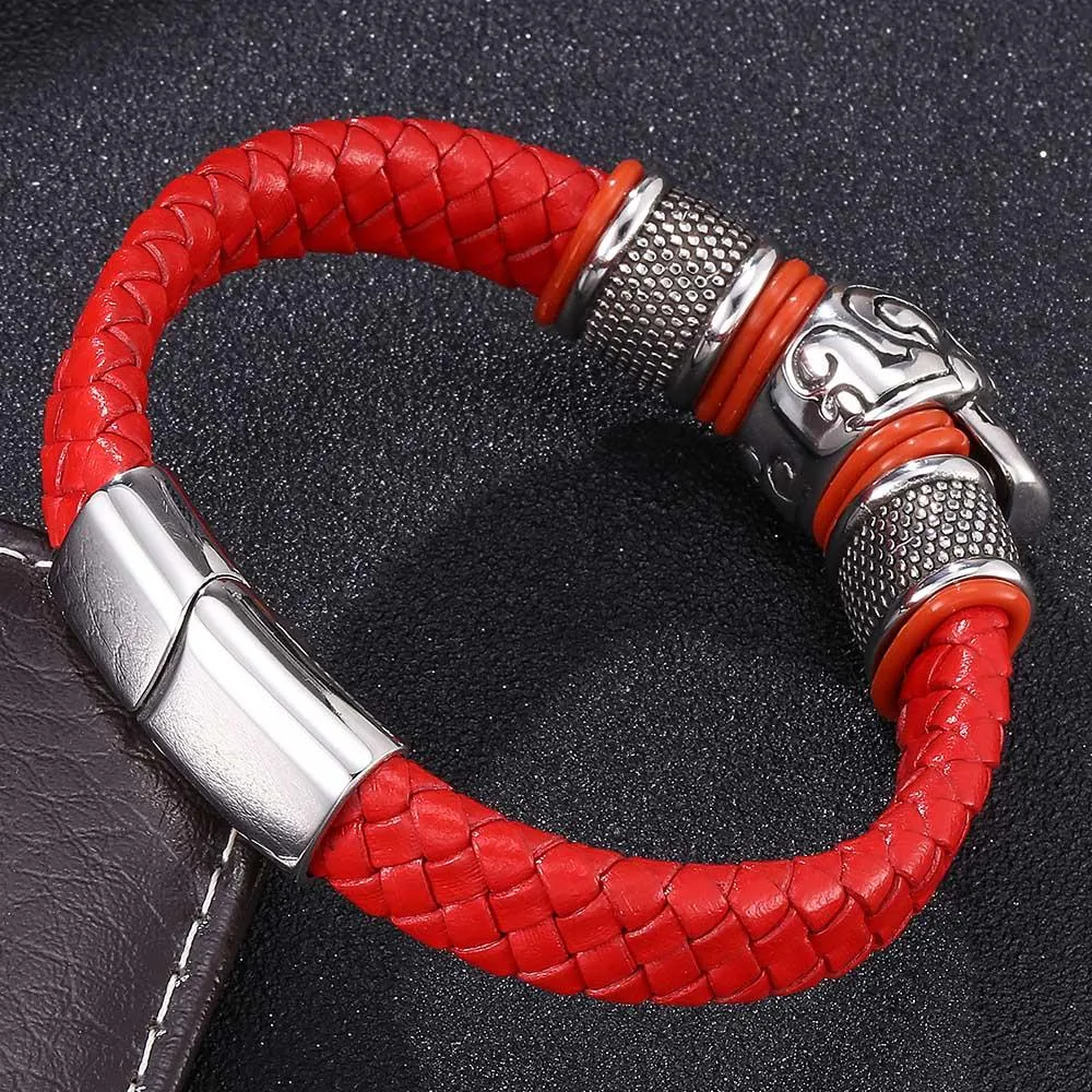 Red Braided Leather Stainless Steel Beaded Skull Bracelet