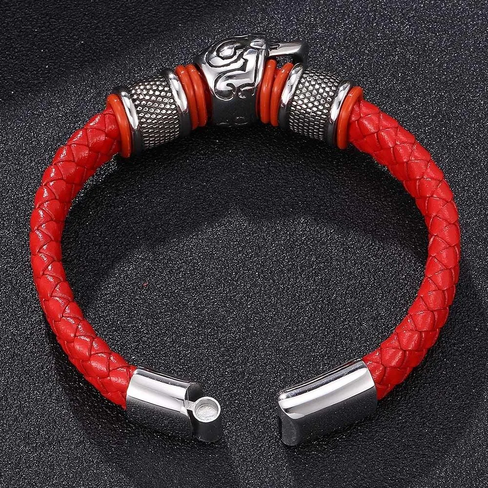 Red Braided Leather Stainless Steel Beaded Skull Bracelet