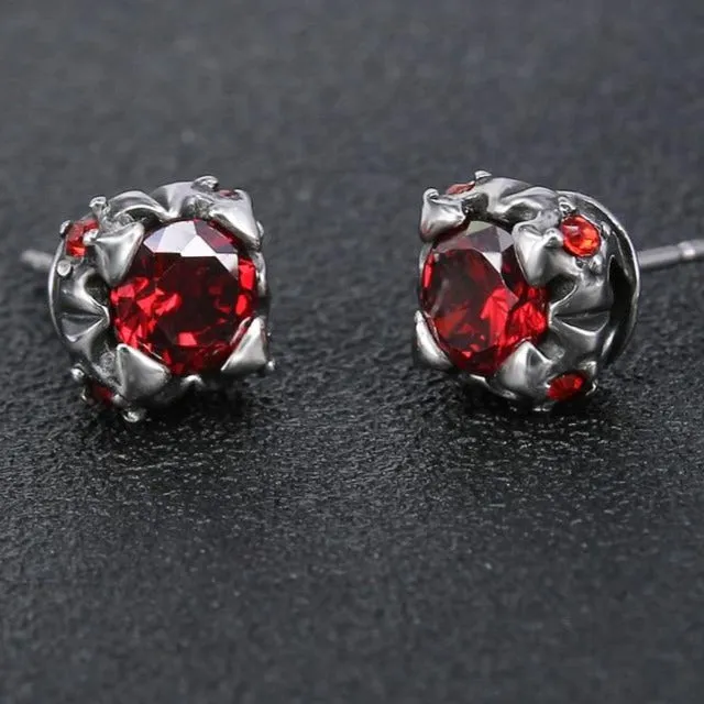 Red Cubic Zirconia Stainless Steel Punk Stud Earrings