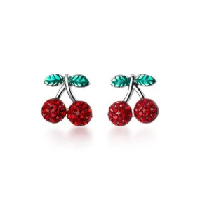 Red, Silver and Green Cherry Stud Earrings 925 Sterling Silver