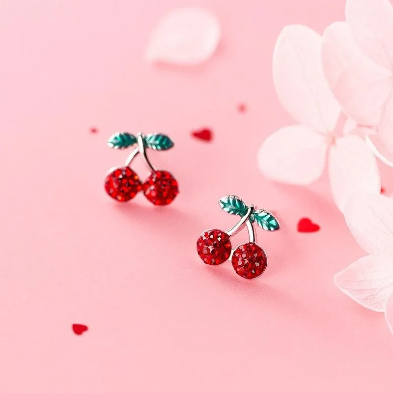 Red, Silver and Green Cherry Stud Earrings 925 Sterling Silver