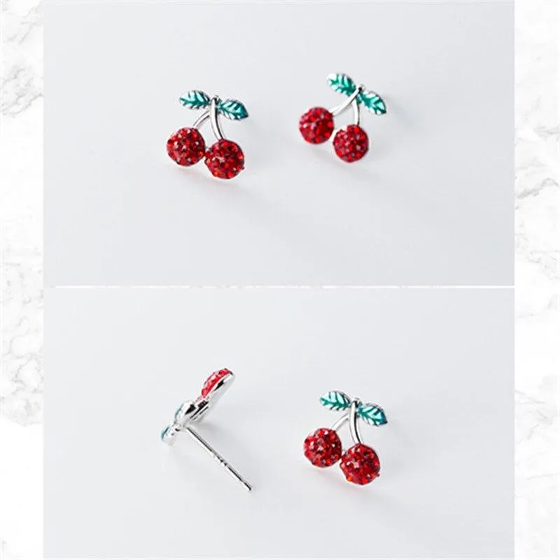 Red, Silver and Green Cherry Stud Earrings 925 Sterling Silver