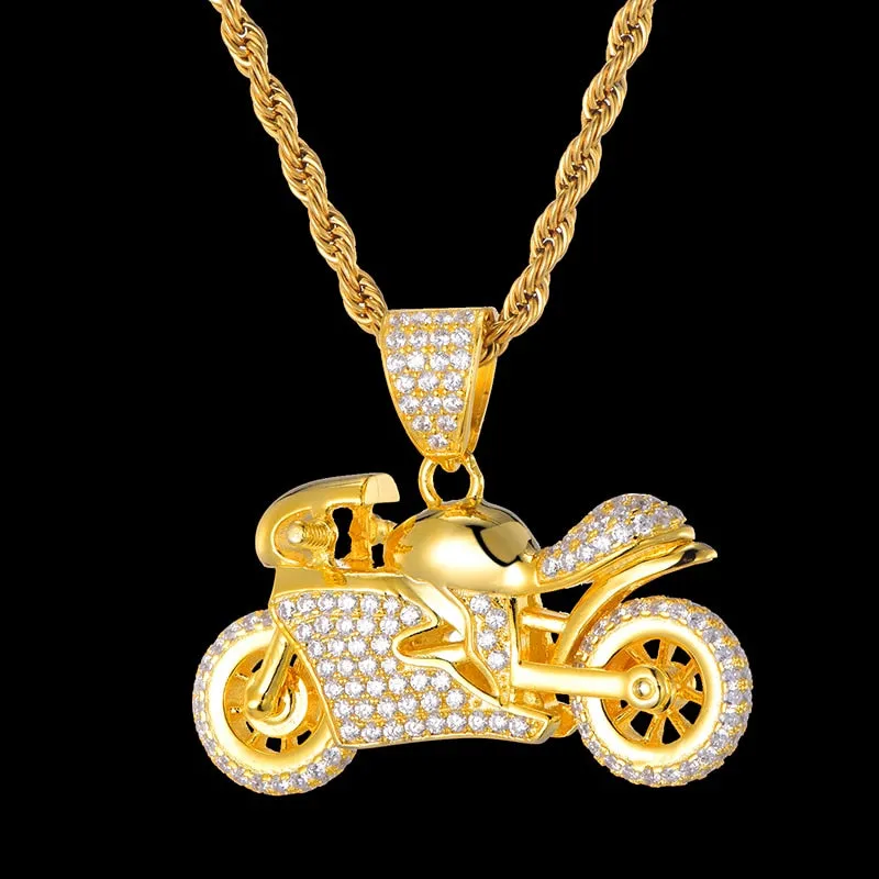 Rhinestone-Studded Gold-Plated Motorcycle Bling Rope Chain Hip-hop Pendant Necklace