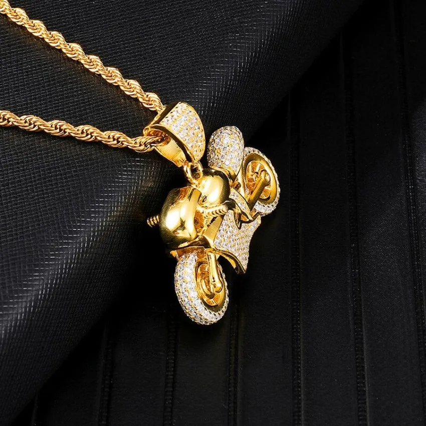 Rhinestone-Studded Gold-Plated Motorcycle Bling Rope Chain Hip-hop Pendant Necklace