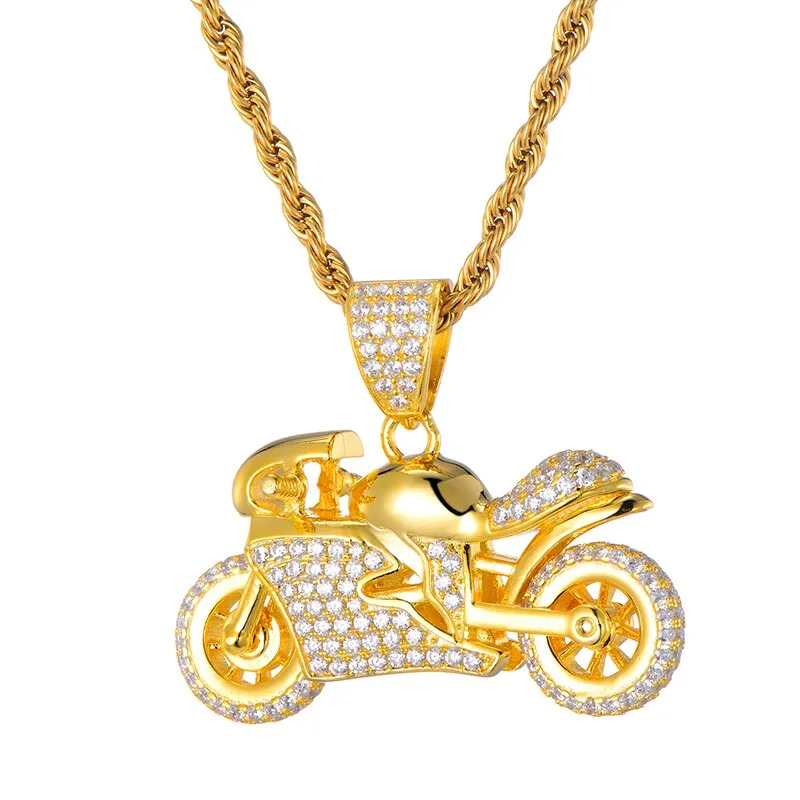 Rhinestone-Studded Gold-Plated Motorcycle Bling Rope Chain Hip-hop Pendant Necklace