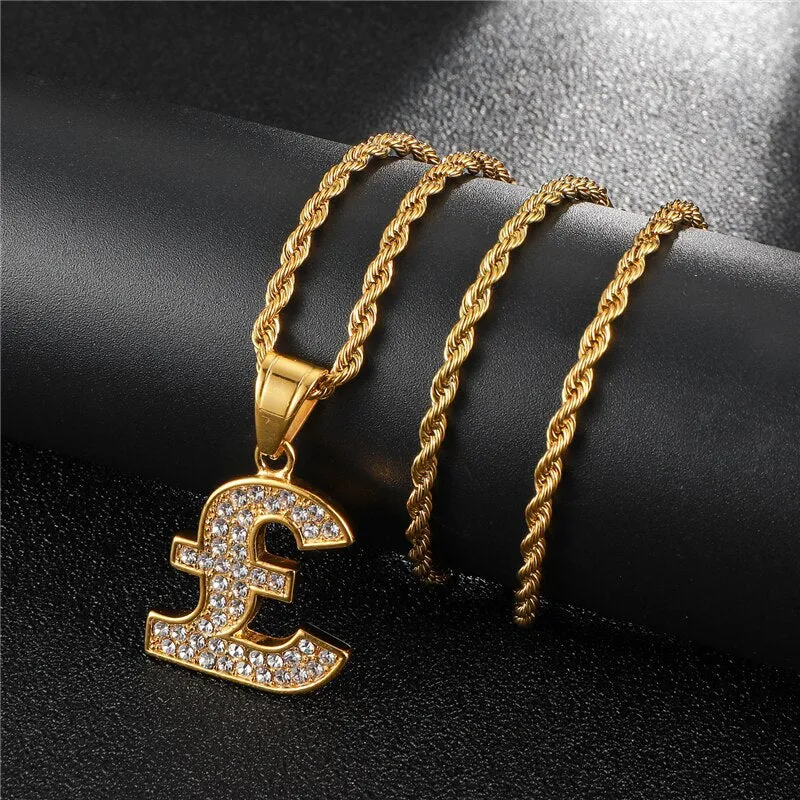 Rhinestone-Studded Gold-Plated Pound Bling Stainless Steel Hip-hop Pendant Necklace