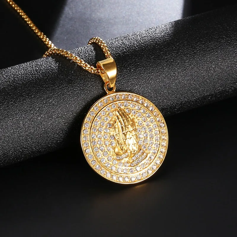 Rhinestone-Studded Praying Hands Bead Chain Gold-Plated 316L Stainless Steel Hip-hop Pendant Necklace