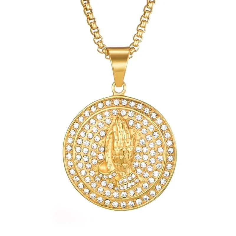 Rhinestone-Studded Praying Hands Bead Chain Gold-Plated 316L Stainless Steel Hip-hop Pendant Necklace