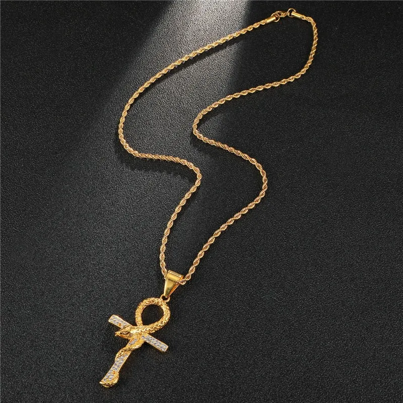 Rhinestone-Studded Snake and Cross Key of Life Bling Stainless Steel Hip-hop Pendant Necklace