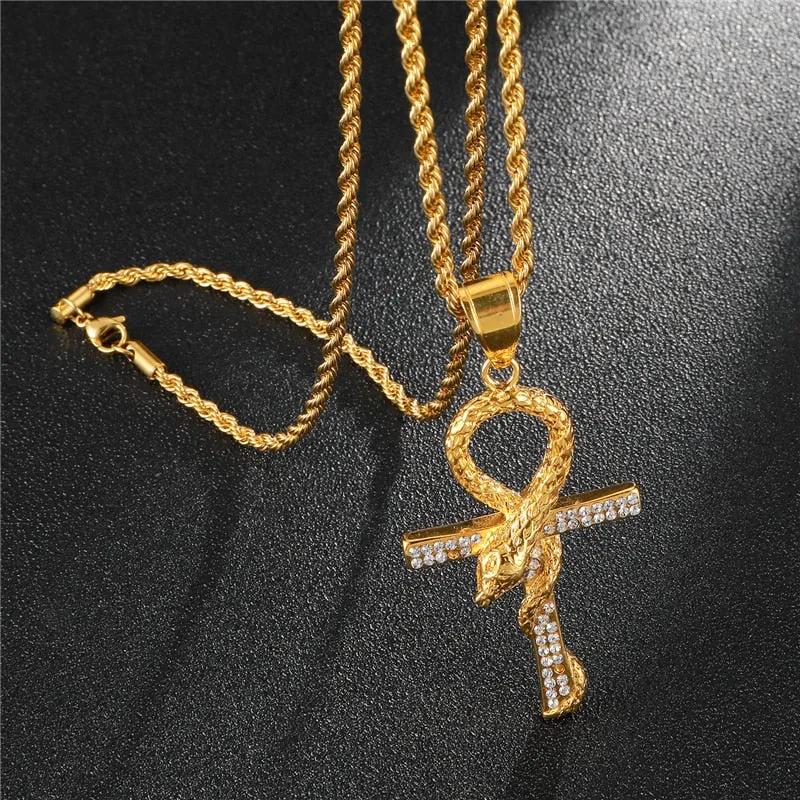 Rhinestone-Studded Snake and Cross Key of Life Bling Stainless Steel Hip-hop Pendant Necklace