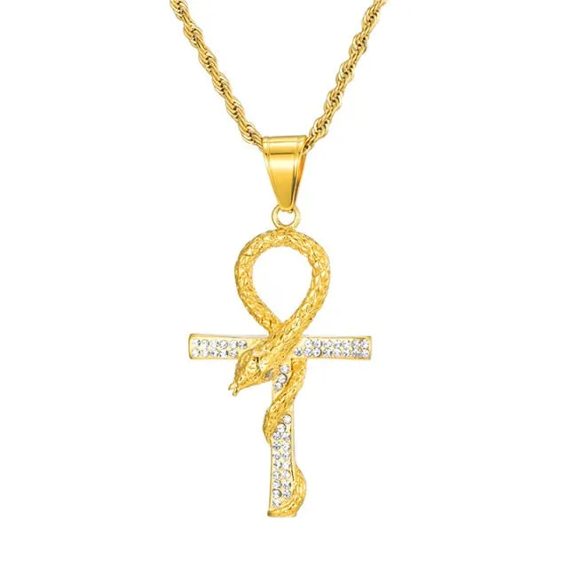 Rhinestone-Studded Snake and Cross Key of Life Bling Stainless Steel Hip-hop Pendant Necklace