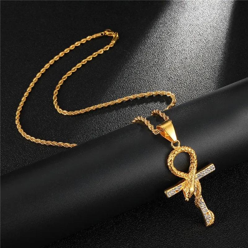 Rhinestone-Studded Snake and Cross Key of Life Bling Stainless Steel Hip-hop Pendant Necklace