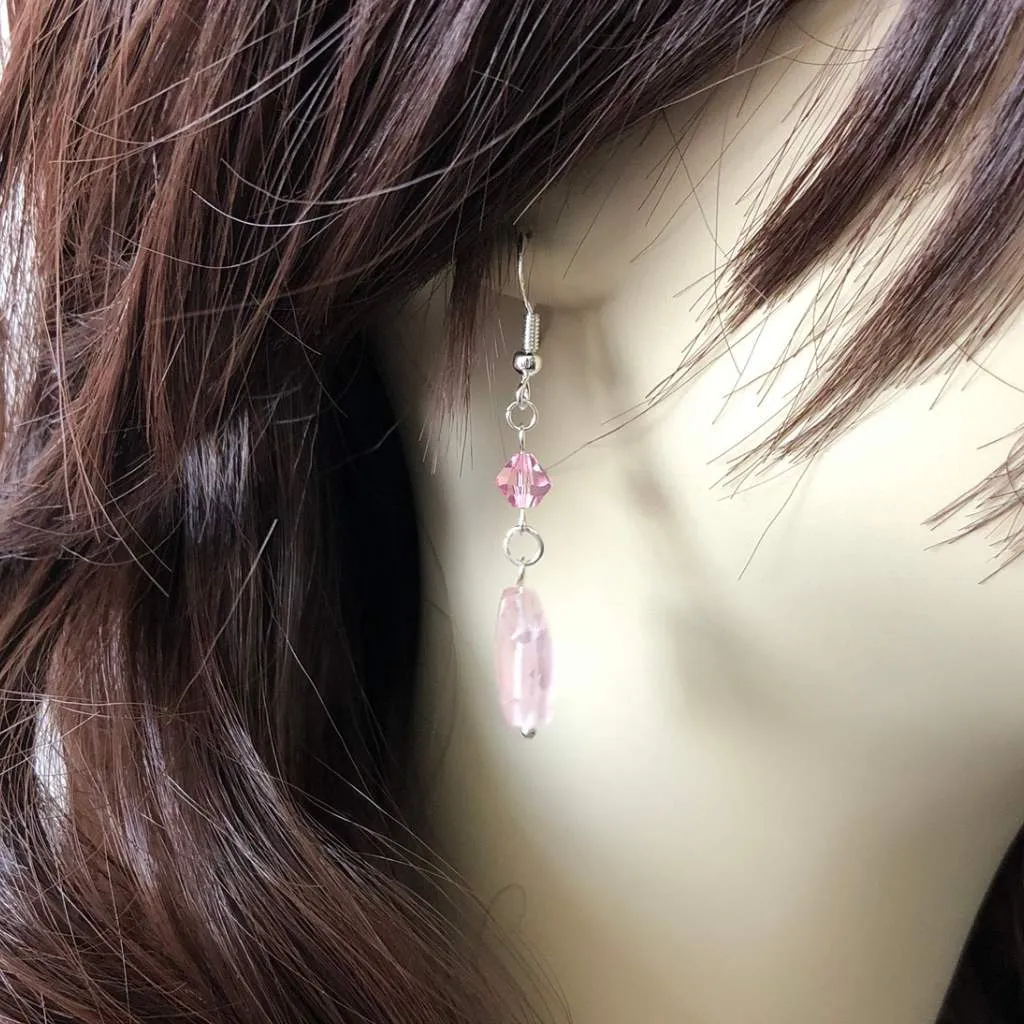 Rose Quartz and Swarovski Crystal Dangle Earrings