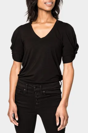 Rouched Elbow Sleeve V-Neck Tee