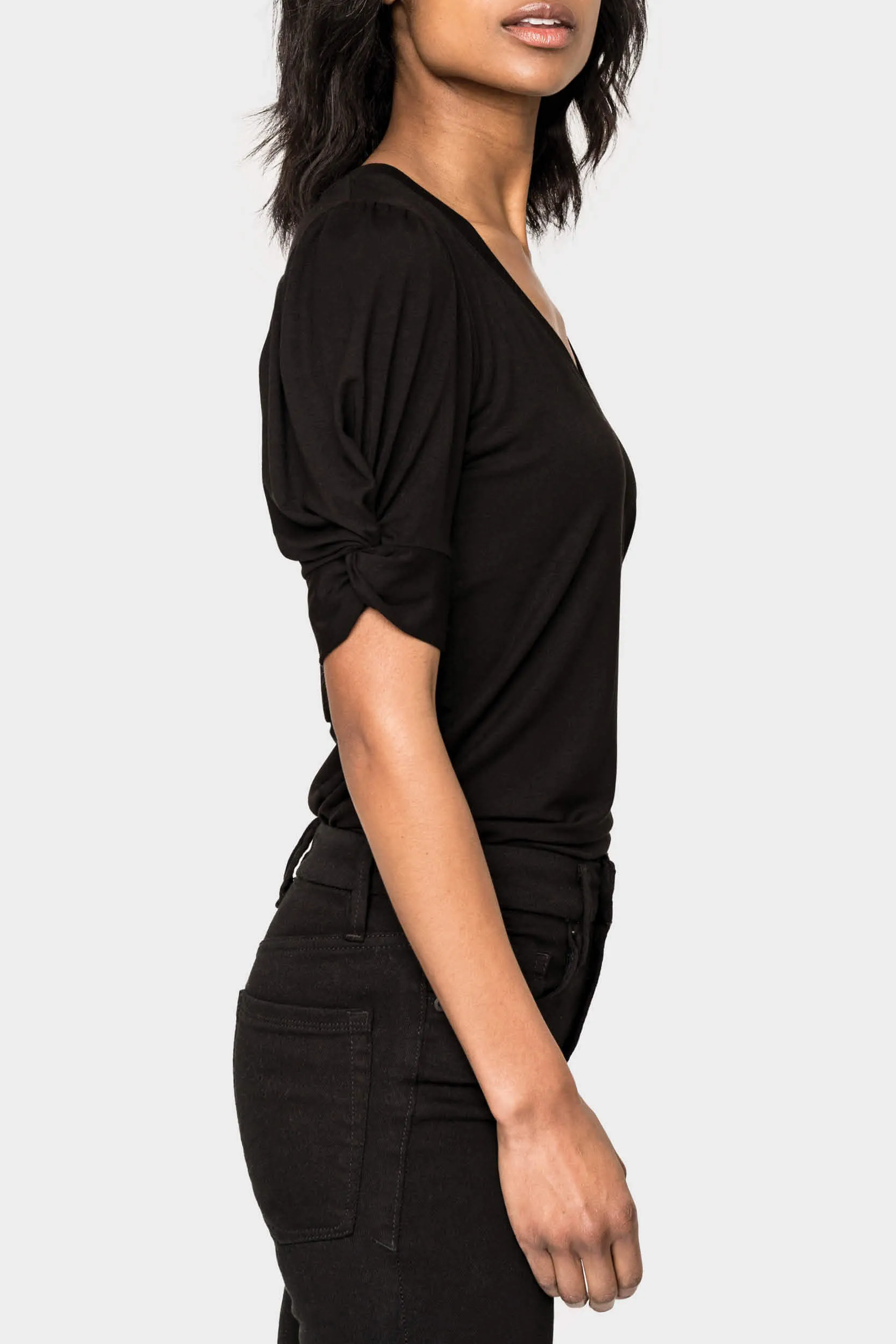 Rouched Elbow Sleeve V-Neck Tee