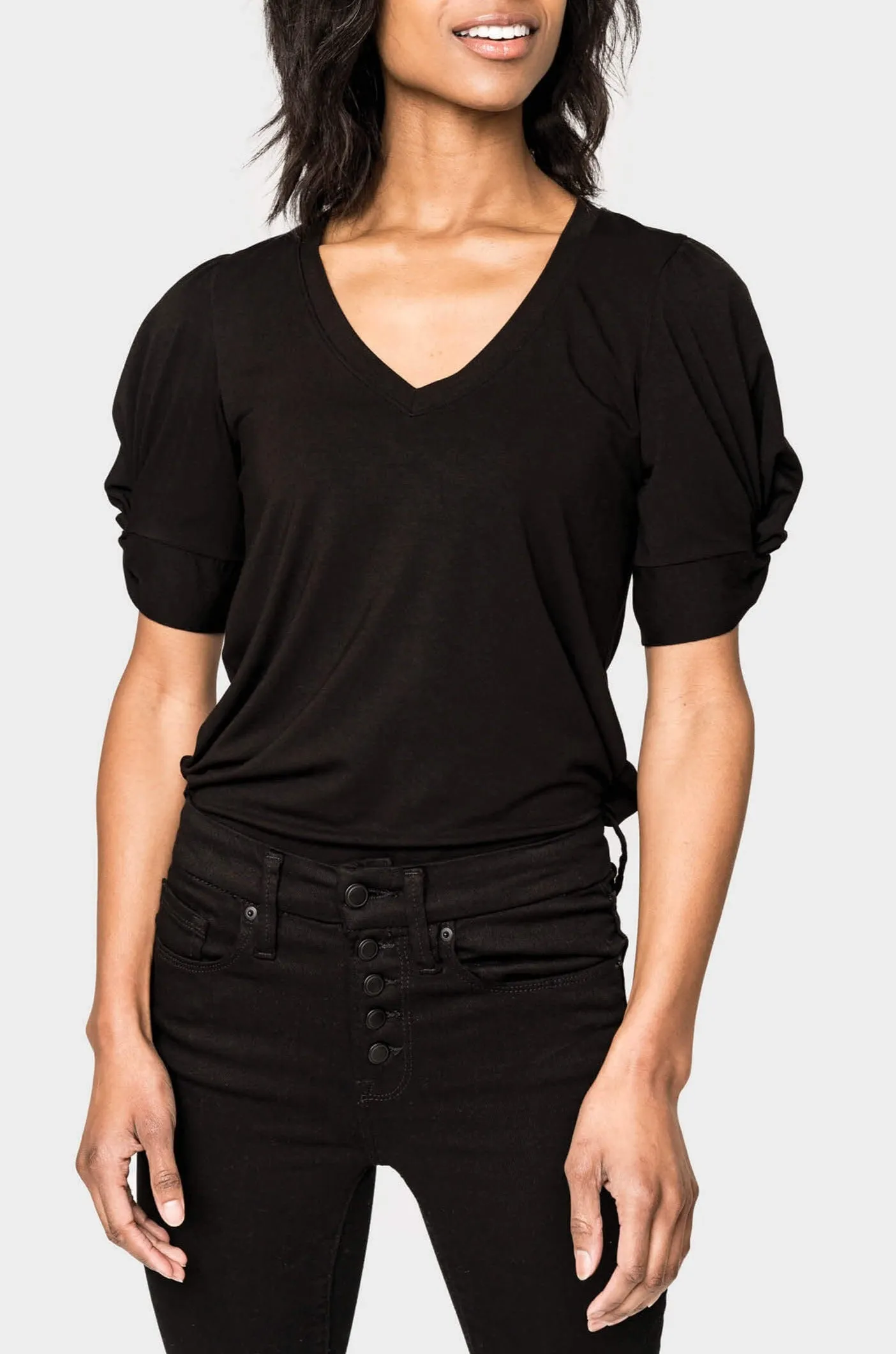 Rouched Elbow Sleeve V-Neck Tee