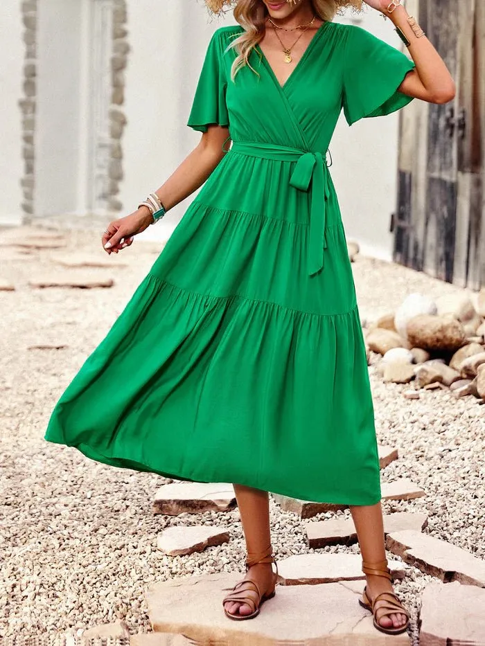 Short Sleeves Belted Tea Length  Dresses