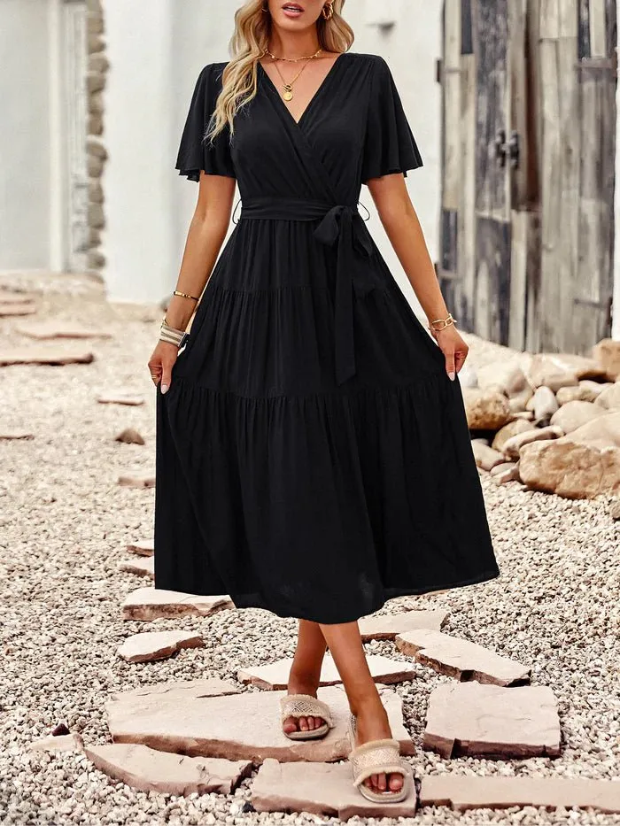 Short Sleeves Belted Tea Length  Dresses