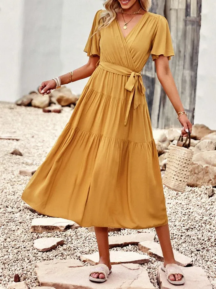 Short Sleeves Belted Tea Length  Dresses