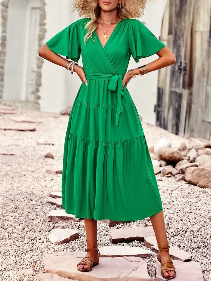 Short Sleeves Belted Tea Length  Dresses