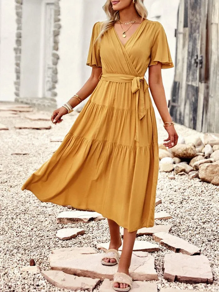 Short Sleeves Belted Tea Length  Dresses