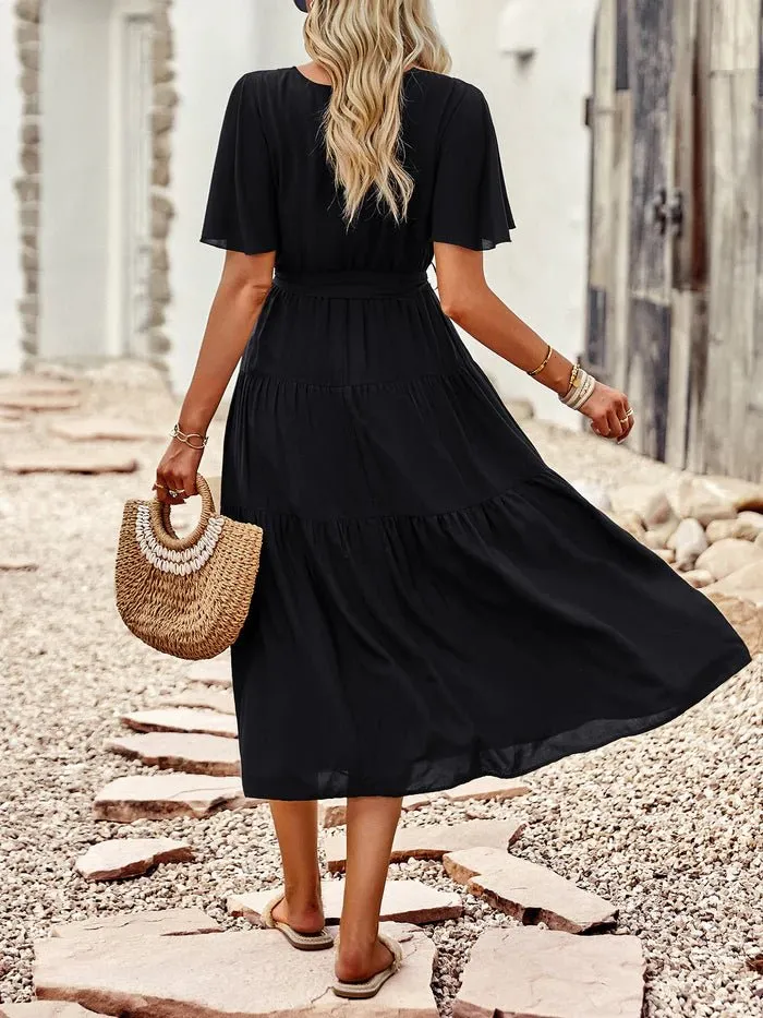 Short Sleeves Belted Tea Length  Dresses