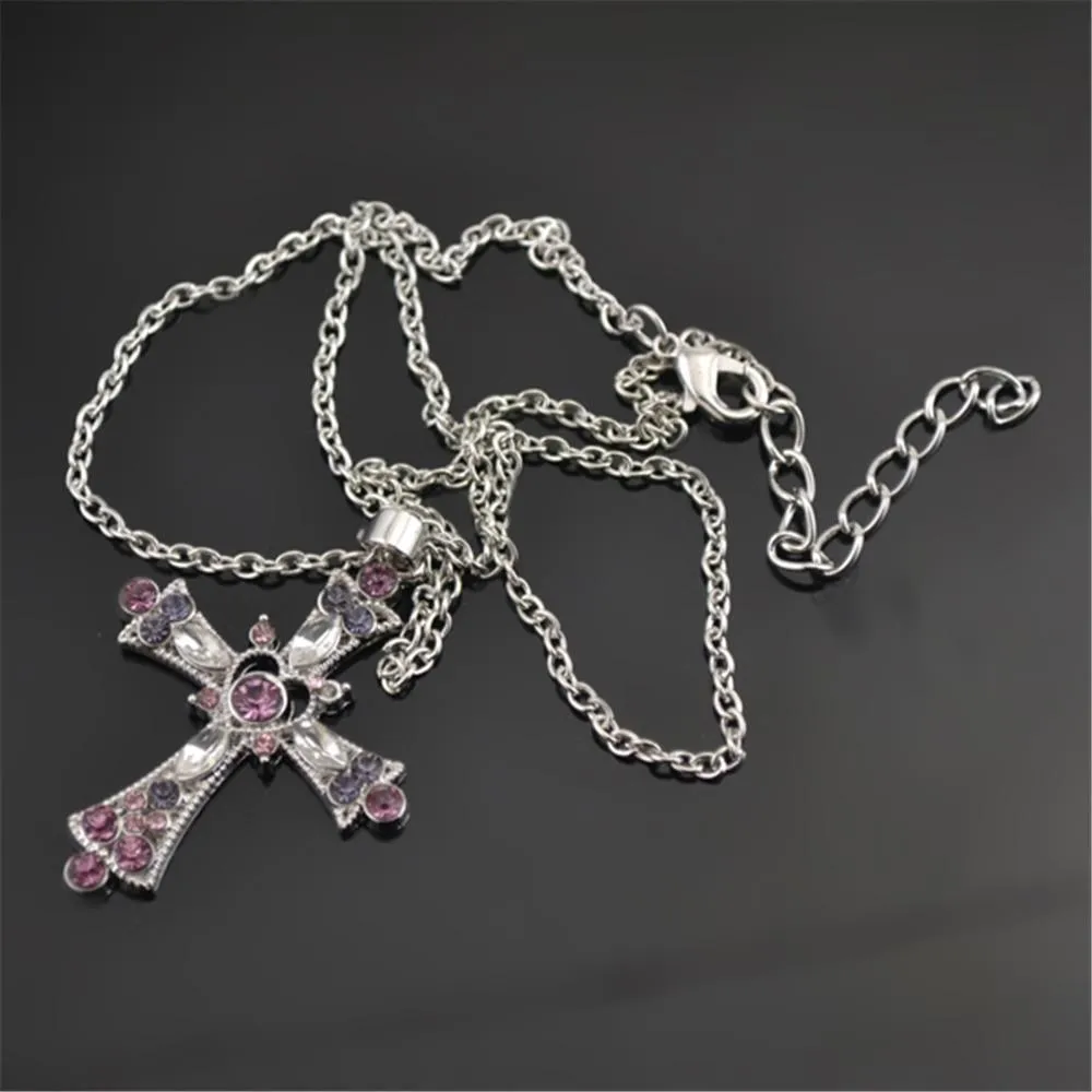 Silver Crystal Stone Holy Cross Jerusalem Pendant Necklace