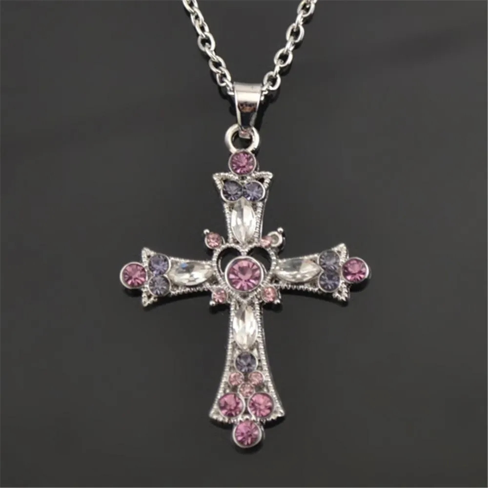 Silver Crystal Stone Holy Cross Jerusalem Pendant Necklace