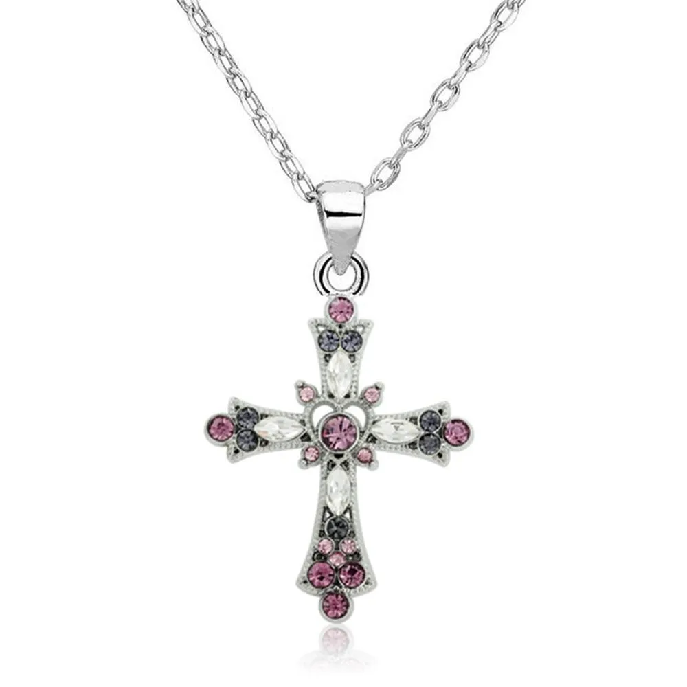 Silver Crystal Stone Holy Cross Jerusalem Pendant Necklace