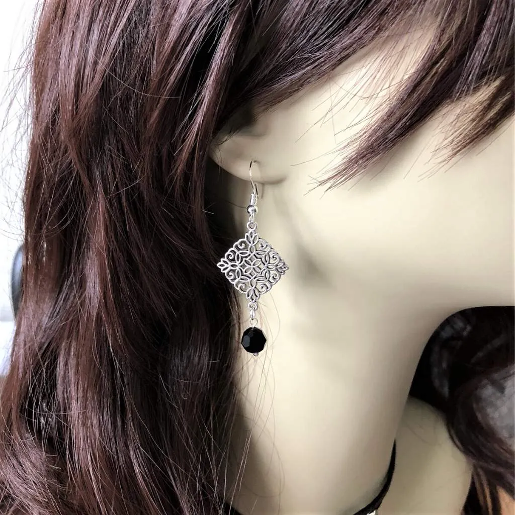 Silver Ornate Diamond and Black Crystal Dangle Earrings