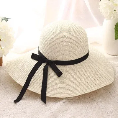 simple Foldable Wide Brim Floppy Girls Straw Hat Sun Hat Beach Women Summer Hat UV Protect Travel Cap Lady Cap Female