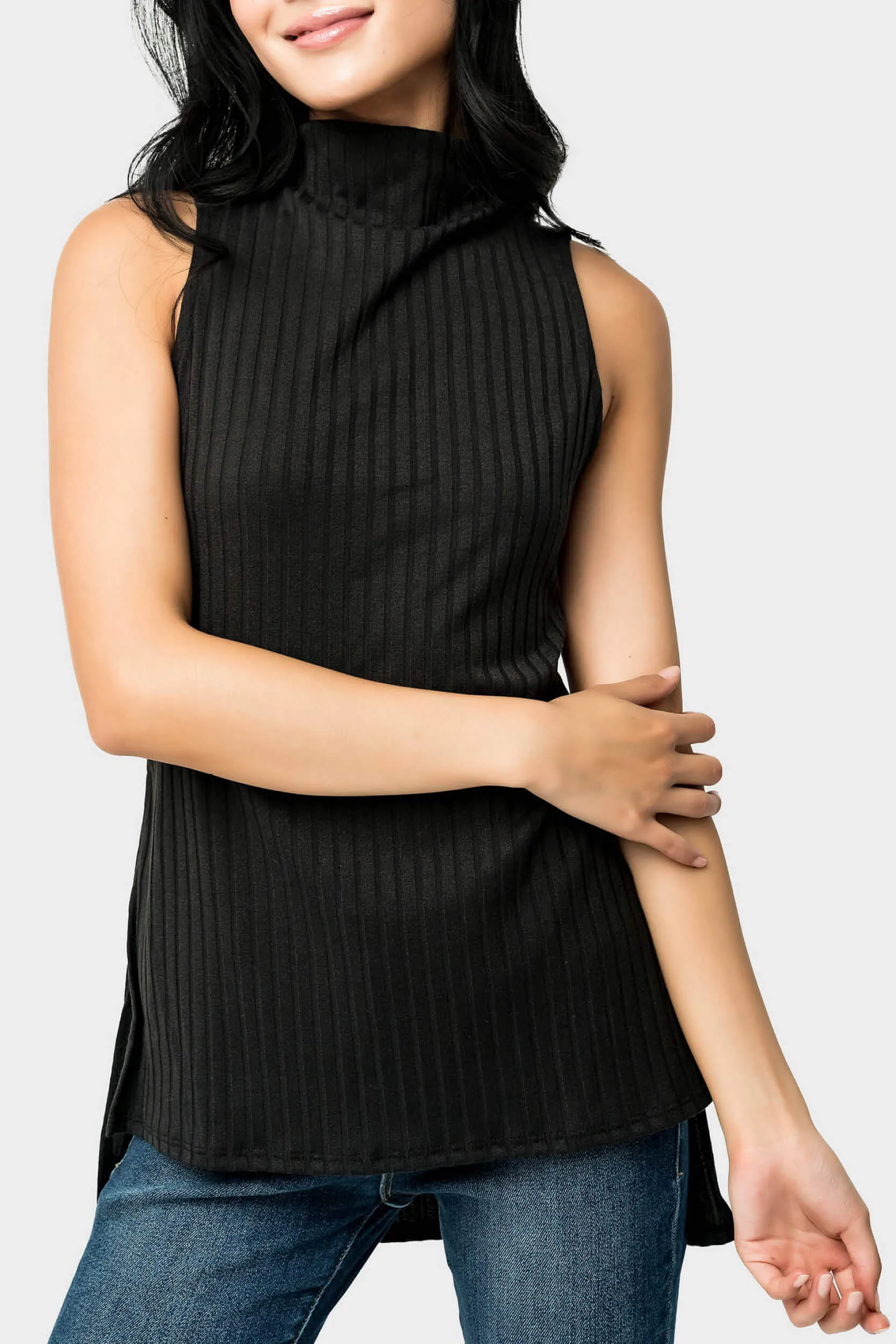 Sleeveless Hi Lo Ribbed Mock Neck Tank with Side Slits