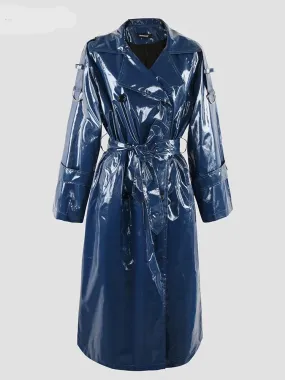 Spring Autumn Long Blue Soft Thin Shiny Reflective Patent Faux Leather Trench Coat for Women Sashes European Fashion