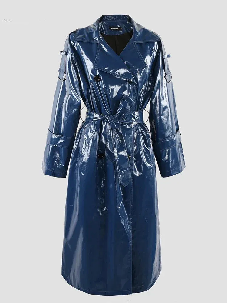 Spring Autumn Long Blue Soft Thin Shiny Reflective Patent Faux Leather Trench Coat for Women Sashes European Fashion