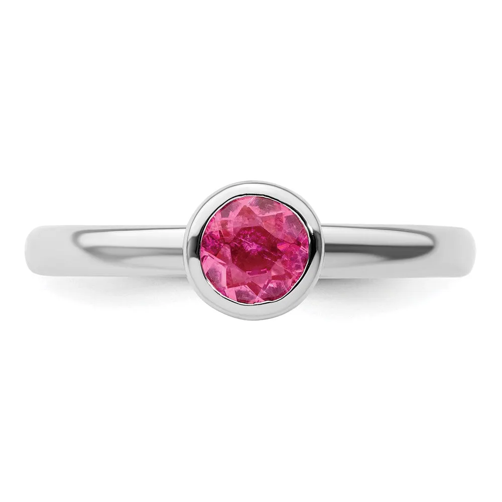 Stackable Expressions Low 5mm Round Pink Tourmaline Ring in Sterling Silver