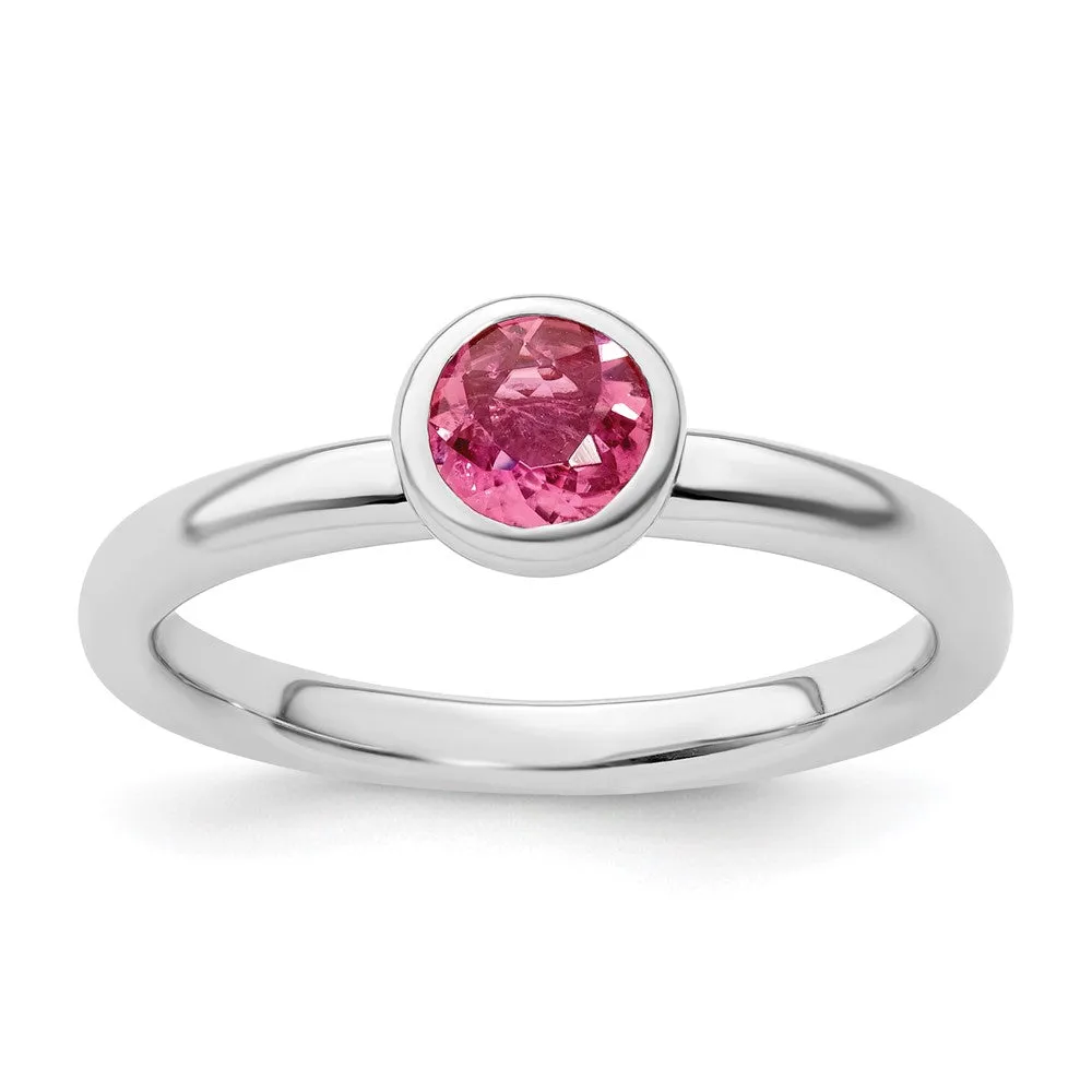 Stackable Expressions Low 5mm Round Pink Tourmaline Ring in Sterling Silver