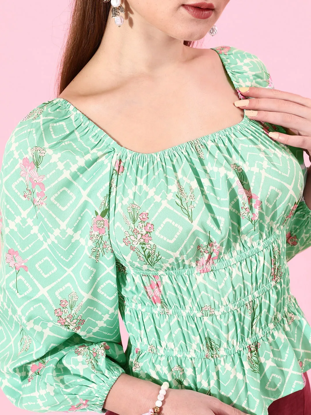 Style Quotient Women Green & Pink Floral Print Top