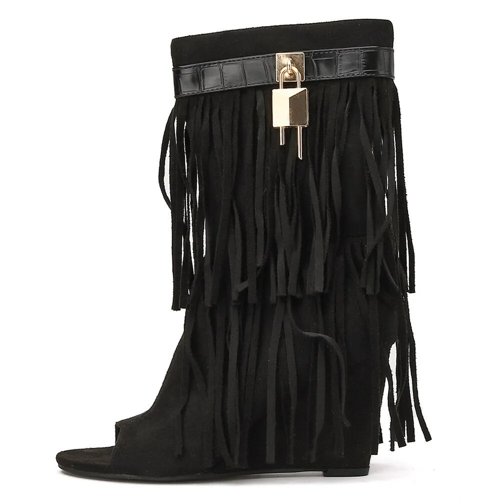 Summer Cowgirl Boots Tassle Peep Toe Summer Boots For Women Lock Decor Zipper Wedges Fringe