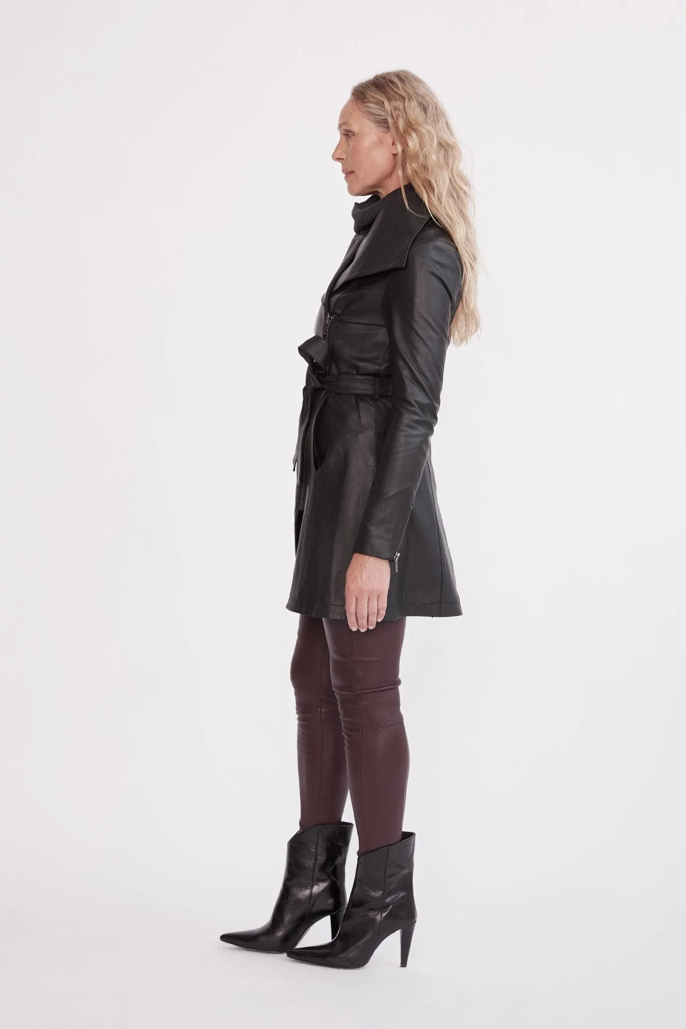 Washington Street Drape Trench Black Leather