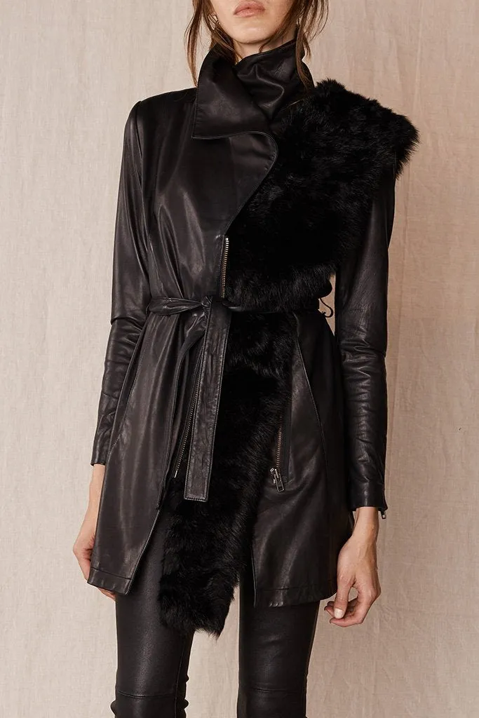 Washington Street Drape Trench Black Leather