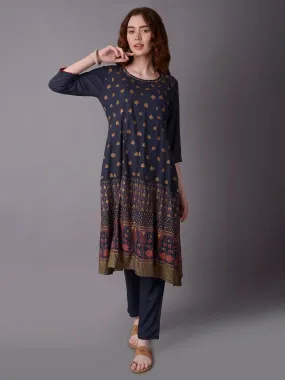 Women Blue A-line Printed Kurta With Trouser