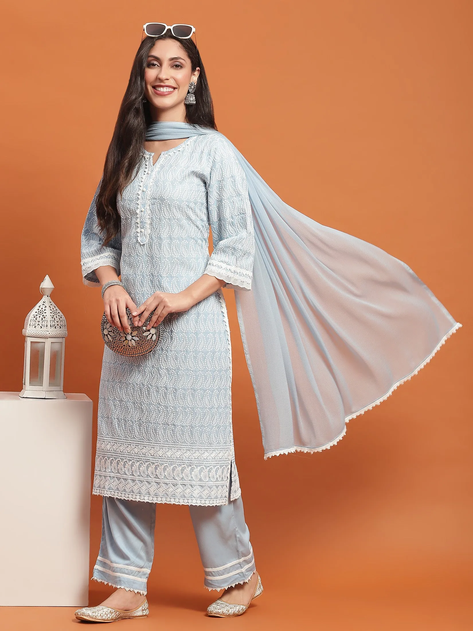 Women Blue Embroidered Kurta Comfort Pant Dupatta