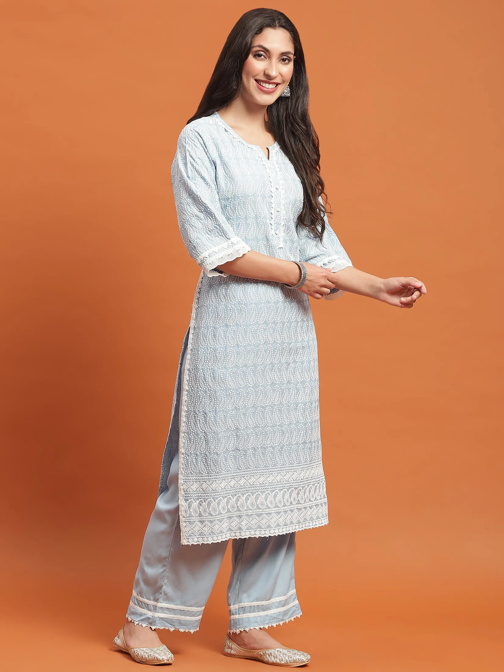 Women Blue Embroidered Kurta Comfort Pant Dupatta