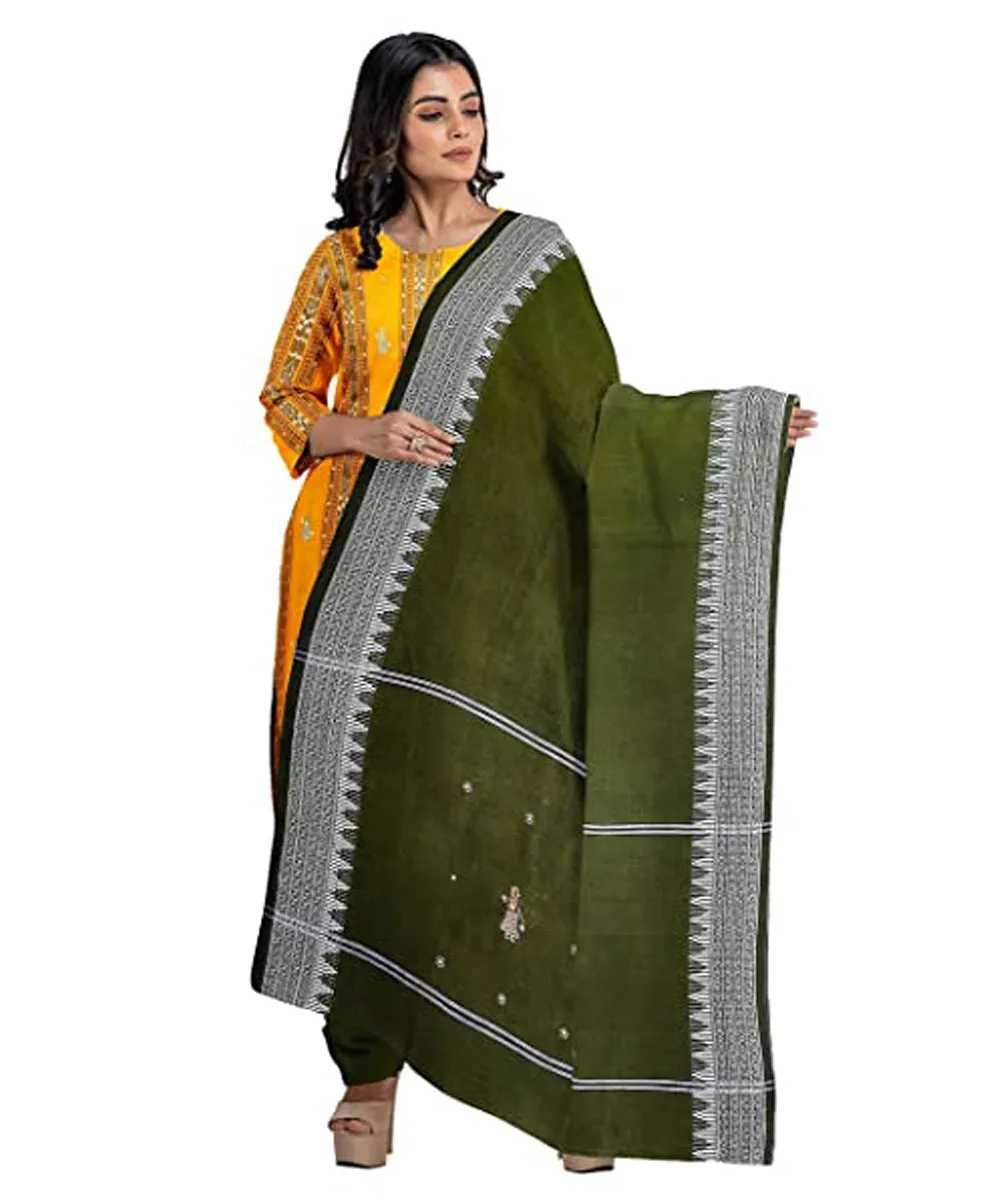 Yellow olive green handwoven cotton nuapatna dress material